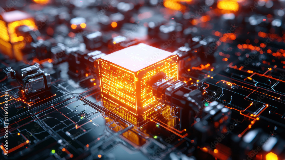 Poster vibrant, futuristic digital circuit board with glowing orange elements, showcasing advanced technolo
