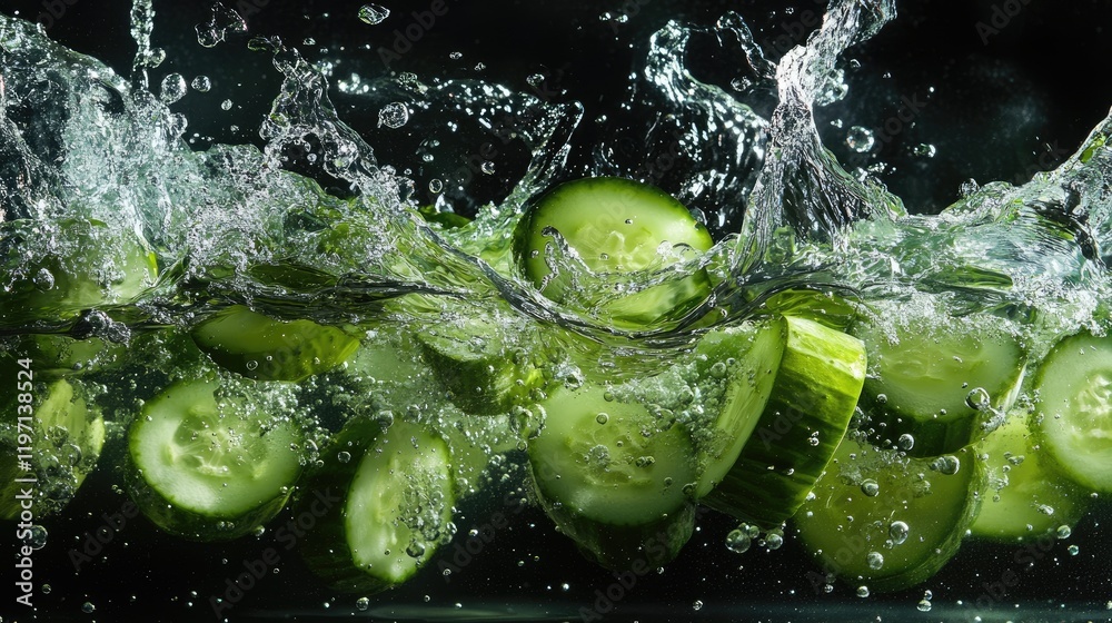 Poster fresh cucumber slices splashing in water, capturing the lively green color and freshness, ideal for 