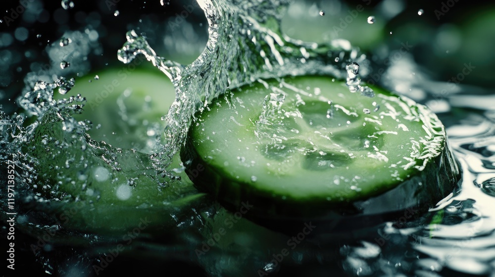 Poster fresh cucumber slices splashing in water, capturing the lively green color and freshness, ideal for 