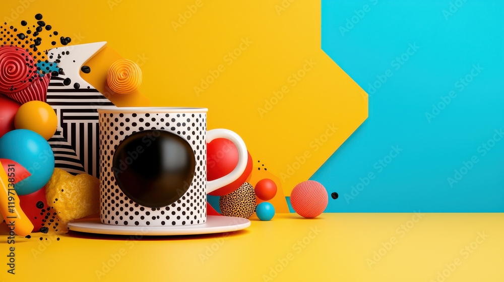 Poster vibrant pop art style coffee cup surrounded by colorful geometric shapes and playful elements, creat