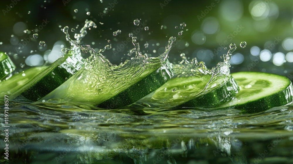 Poster fresh cucumber slices splashing in water, highlighting the vibrant green color and smooth texture, p