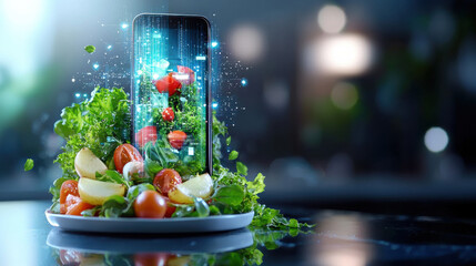 digital food scanner analyzing fresh vegetables and fruits on plate. smartphone displays vibrant graphics, showcasing blend of technology and healthy eating