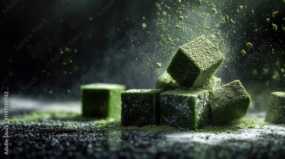 Aufkleber Fresh green powder cubes exploding into a fine dust, creating a dynamic visual of flavor and freshness, ideal for food and ingredient-based imagery