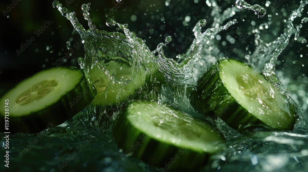 Poster fresh cucumber slices splashing in water, capturing the lively green color and freshness, ideal for 