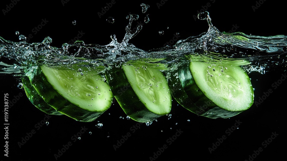 Aufkleber fresh cucumber slices splashing in water, highlighting the vibrant green color and smooth texture, p
