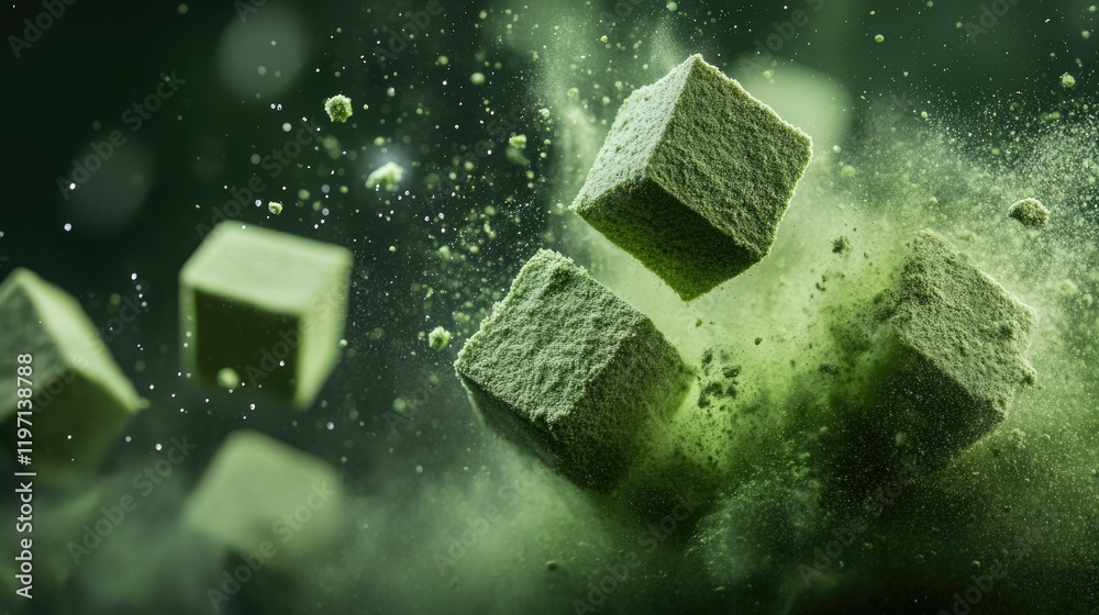 Aufkleber Fresh green powder cubes exploding into a fine dust, creating a dynamic visual of flavor and freshness, ideal for food and ingredient-based imagery