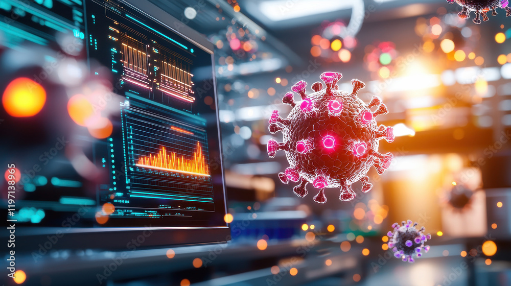 Fototapete vibrant biotechnology laboratory scene featuring ai tools and digital displays, showcasing virus mod