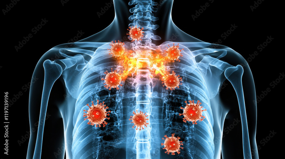 Poster anatomical x ray view of human torso highlighting respiratory system and viruses. this illustrates i