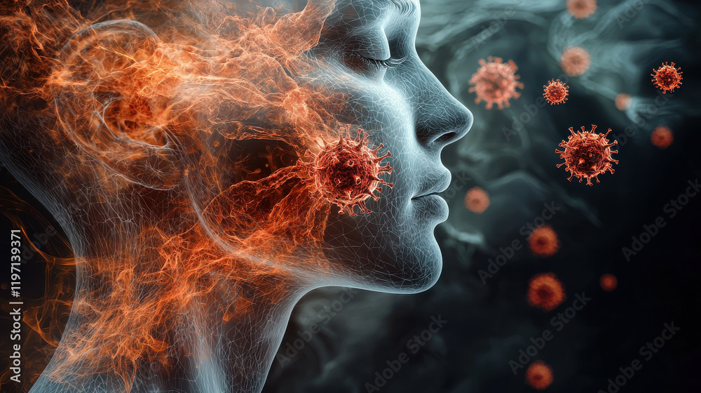 Poster image depicts conceptual representation of human respiratory system affected by viruses, showcasing blend of human features and abstract elements
