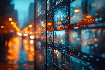 Cityscape images displayed on a large digital screen at night.  Bright lights blur in the background.