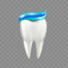 Dental care and oral hygiene, isolated realistic tooth with toothpaste for whitening. Vector healthcare and medicine, freshness of breath and bacteria free teeth. Healthy enamel and root