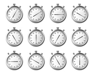 Stopwatches and timers with face and buttons. Vector isolated realistic set of clock measuring precise hour, minute or second. Sports competition equipment. Vintage design of pocket watch