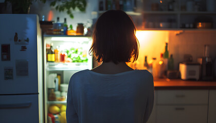 Young woman near open refrigerator in kitchen, rear view