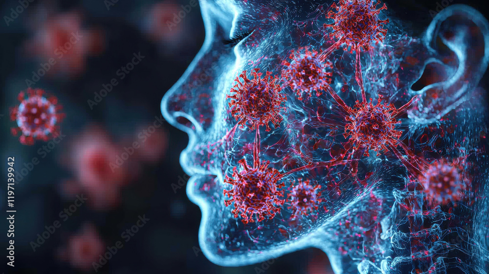 Aufkleber visual representation of viral attack on human cells, showcasing interaction between viruses and imm