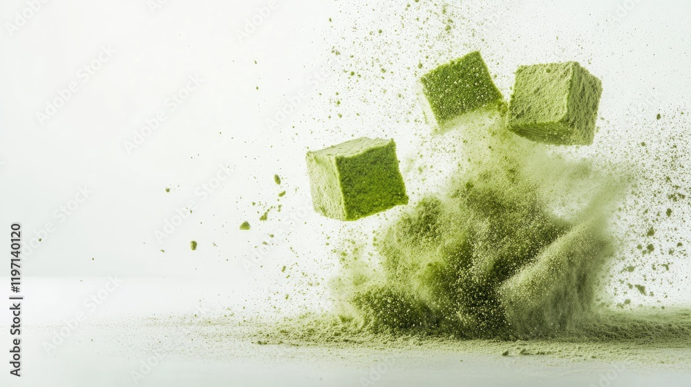 Poster green cubes of powder exploding into a cloud of dust, illustrating the freshness and intensity of na