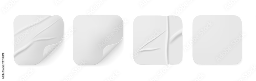 Aufkleber Creased blank paper stickers with glued crumpled texture effect. Vector isolated realistic square labels with bend corners, white empty sheets with wrinkles and curled pieces, memo or note