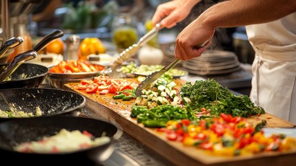 Obraz premium Chef Prepares Vibrant Vegetable Medley for Buffet