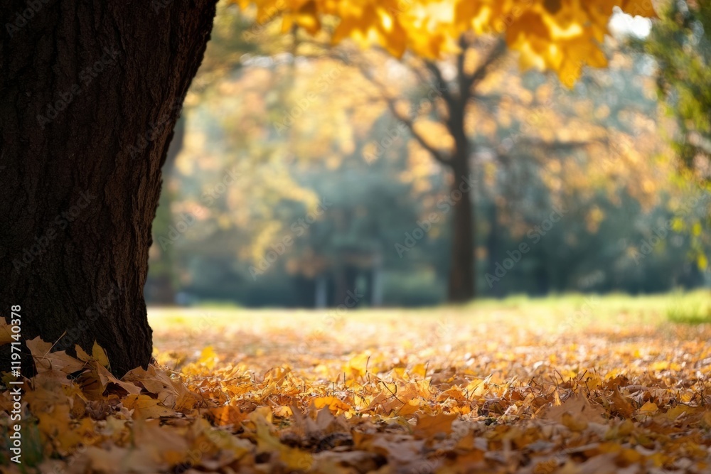 Poster bright autumn leaves covering the ground under a large tree in a serene park setting with soft sunli