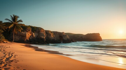 beach and sea scene in warm golden hues, creating a radiant and luxurious atmosphere with deep shadows for