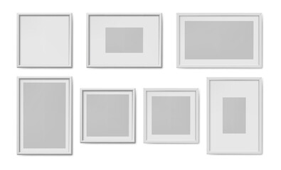 Frames and border for prints, photography, photos and posters. Vector isolated set of templates and mockups for images and pictures for home interior design decoration. Realistic empty cards