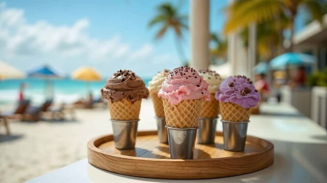 Helados en cono servidos en bandeja con fondo de playa tropical