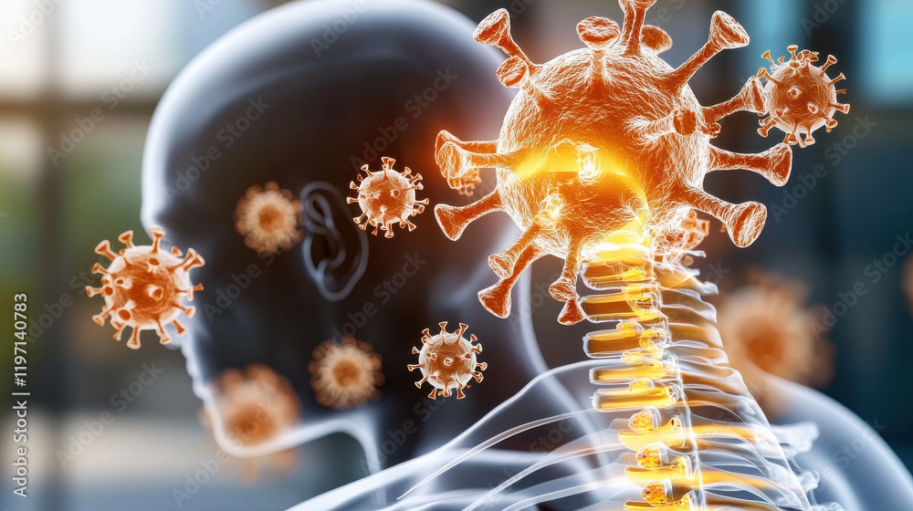 Aufkleber x ray style image of human head showing viral infection with visible virus particles affecting spine