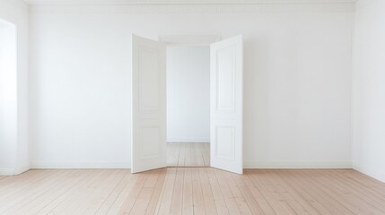 A bright, minimalist room with smooth white walls and doorway. ai generated