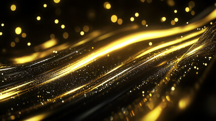 Golden light waves glittering sparkles abstract animated texture on black background 