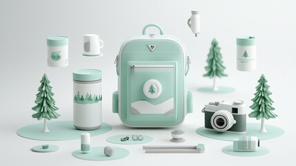 Mint green backpack with camping gear and trees.