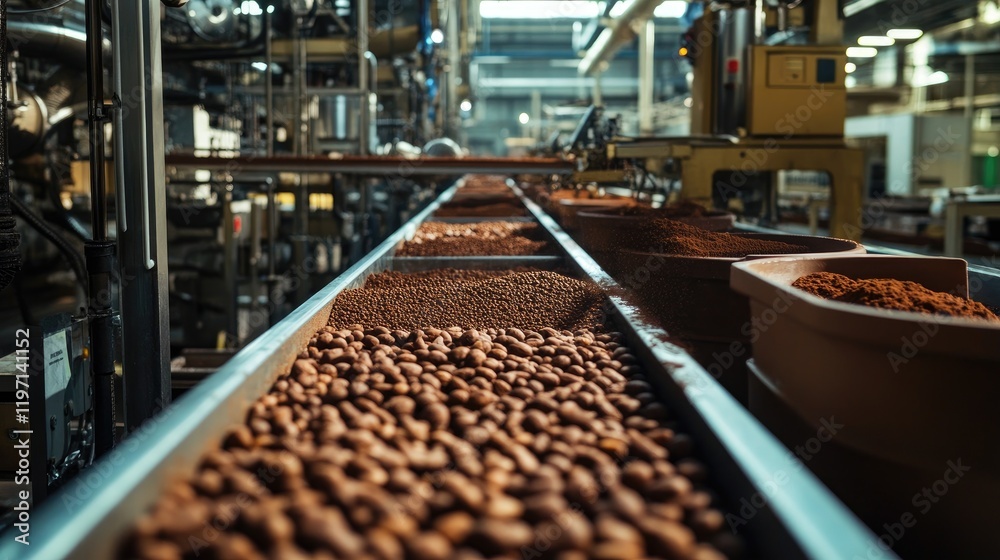 Poster Industrial production line featuring containers of cocoa powder in a factory, showing the manufacturing process and machinery at work in a cocoa processing plant
