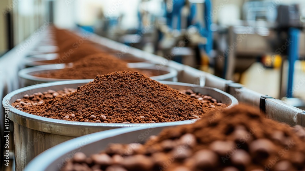 Poster Industrial production line featuring containers of cocoa powder in a factory, showing the manufacturing process and machinery at work in a cocoa processing plant