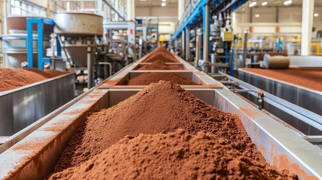 Industrial production line featuring containers of cocoa powder in a factory, showing the manufacturing process and machinery at work in a cocoa processing plant