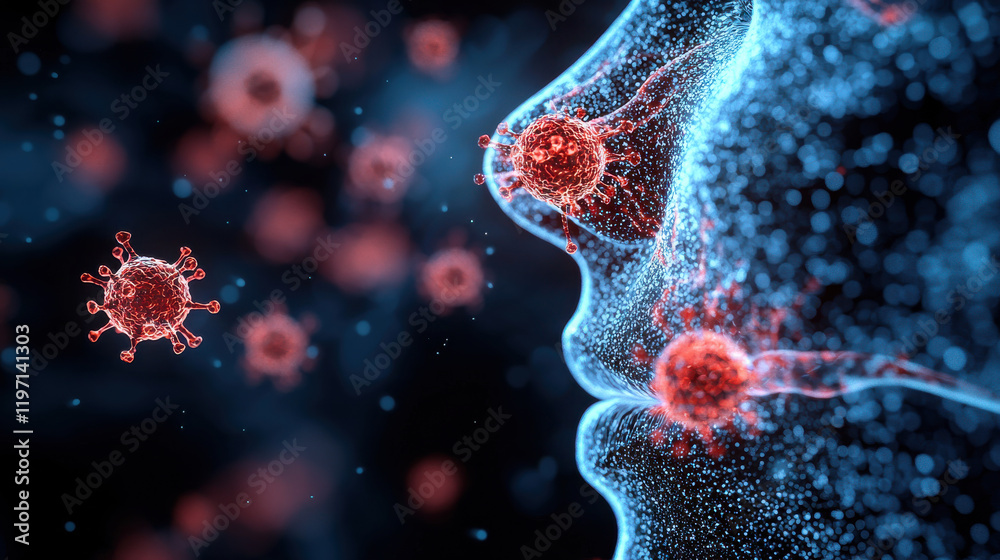 Poster image depicts close up view of human face with viral particles interacting with respiratory system, 