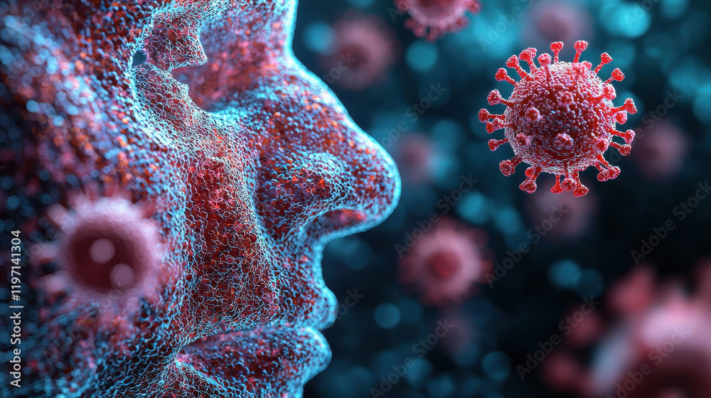 Poster image depicts close up view of human face with digital representation of viruses, illustrating mecha
