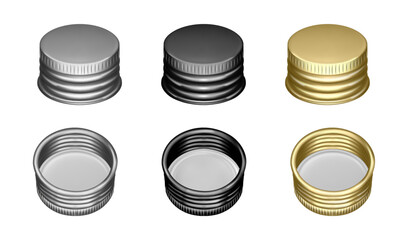 Bottle screw caps mockup template, isolated blank silver and gold metal or aluminum jar or container lids. Vector icon of top and inside of packaging part. Twist to open or close package