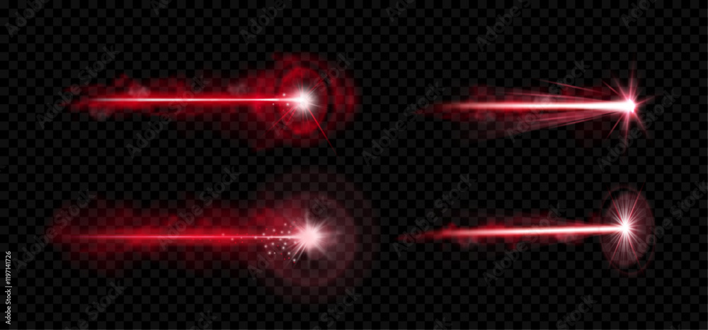 Aufkleber laser beam and flare realistic effect. vector isolated set of glowing horizontal lines or trails. en