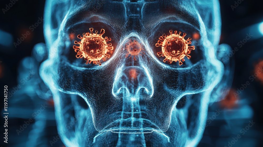 Aufkleber x ray style image of human skull with glowing virus particles in eyes, showcasing semi transparent v