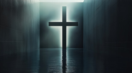 Naklejka premium An evocative scene of a door shaped like a cross, standing out in a dark and minimalist room