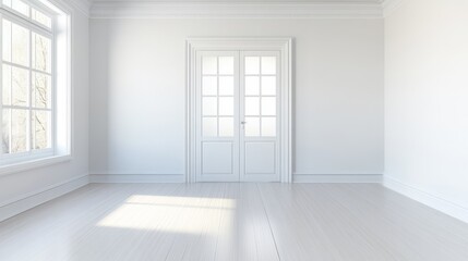 Obraz premium A bright, minimalist room with smooth white walls and doorway. ai generated