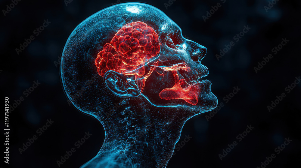 Poster x ray view of human head showing respiratory structures and brain. this detailed illustration highli