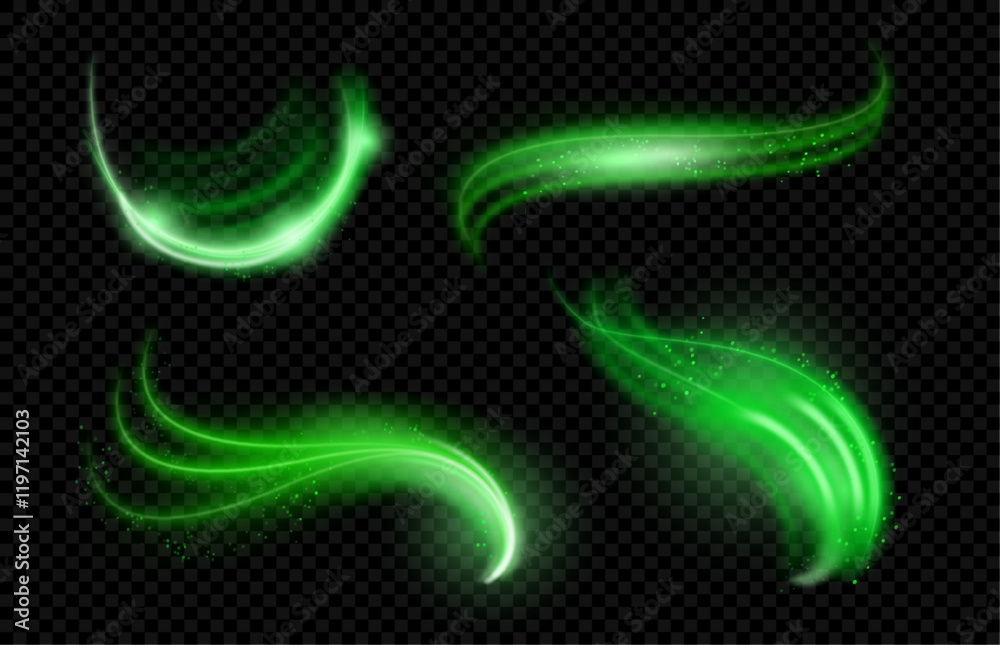 Poster swirls and glowing effects with dust or mint leaves particles. vector realistic curves and waves, fl
