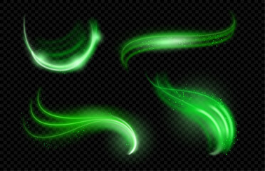 Swirls and glowing effects with dust or mint leaves particles. Vector realistic curves and waves, flares and beams or shimmer texture. Curved lines, motions with tiny pieces of foliages or stardust