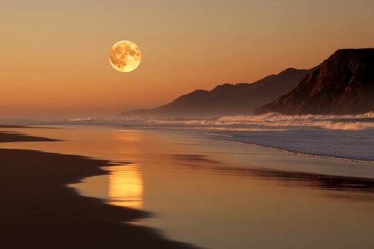 Majestic sunset over ocean waves with a full moon rising behind mountains along a tranquil beach shoreline