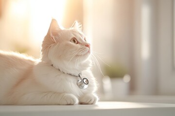 White fluffy cat resting indoors with sunlight streaming through the window during the afternoon