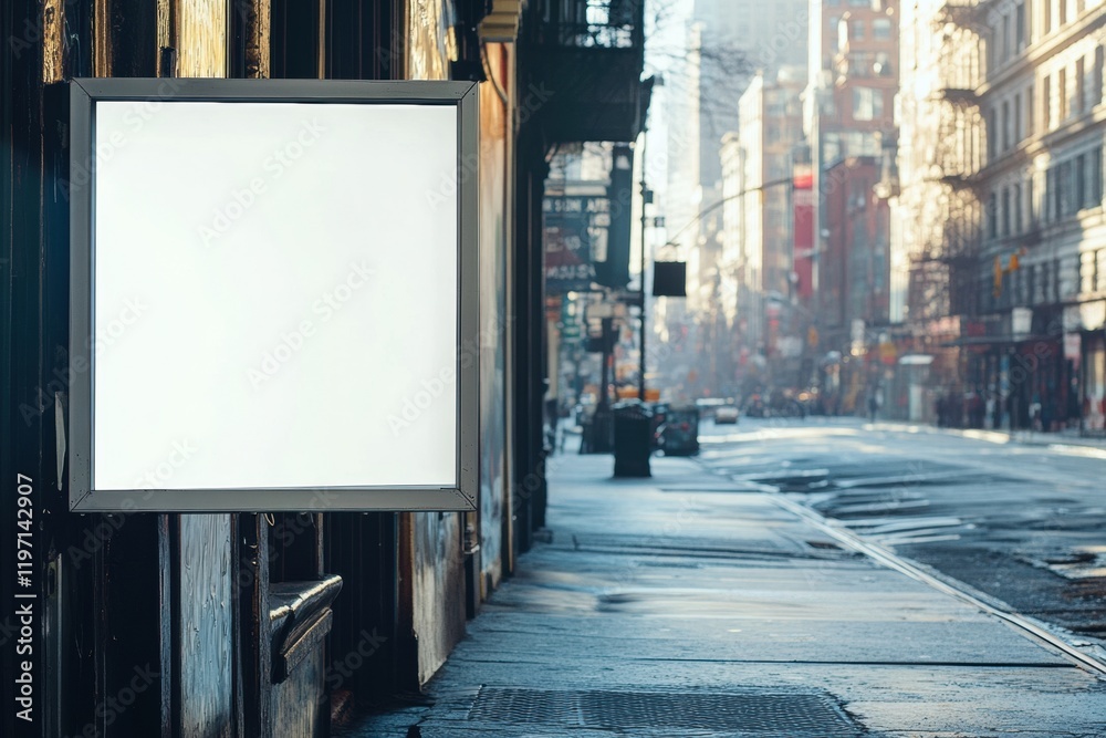 Poster empty street corner featuring a blank advertisement space in a vibrant urban setting with muted morn