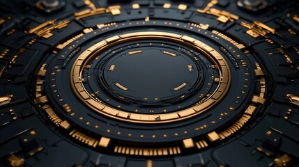 Fototapeta premium Elegant Circular Metal Structure Showcasing Striking Gold and Black Color Palette with Modern Design Elements and Unique Artistic Appeal in Contemporary Setting