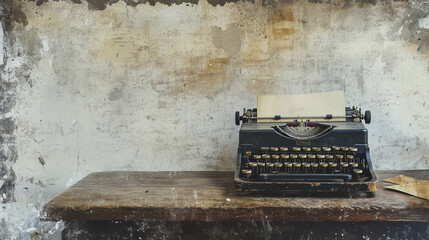 A weathered photo of an old typewriter on a wooden desk, with faded ink details and paper textures