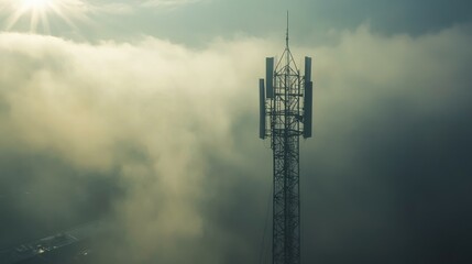 Obraz premium Telecommunication cell tower networks with strong signals radiating, ensuring stable voice connections and uninterrupted communication for modern mobile networks