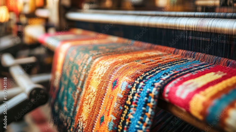 Poster textile weaving machines creating fabric in a modern textile mill, showcasing the intricacies of tex