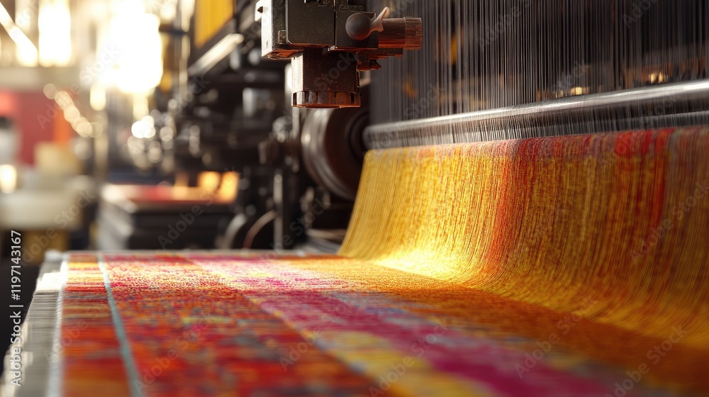 Poster textile weaving machines creating fabric in a modern textile mill, showcasing the intricacies of tex